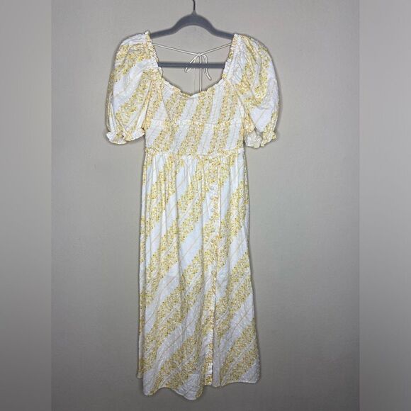 For Love & Lemons Lucie Midi Yellow White Dress Smocked Size S - Picture 7 of 8